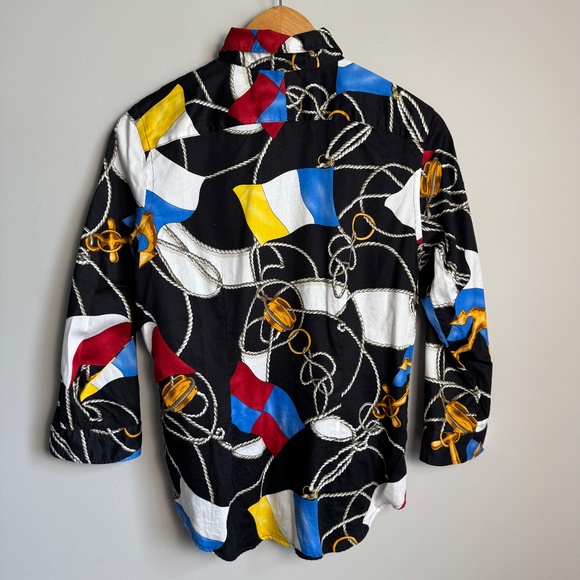 Lauren Ralph Lauren Nautical Sailing Flag Print Button Up Blouse Black Medium - Picture 7 of 15